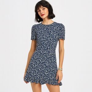 Reformation Beesley Dress Navy White Floral Flutter Sleeve Preppy Flounce Mini